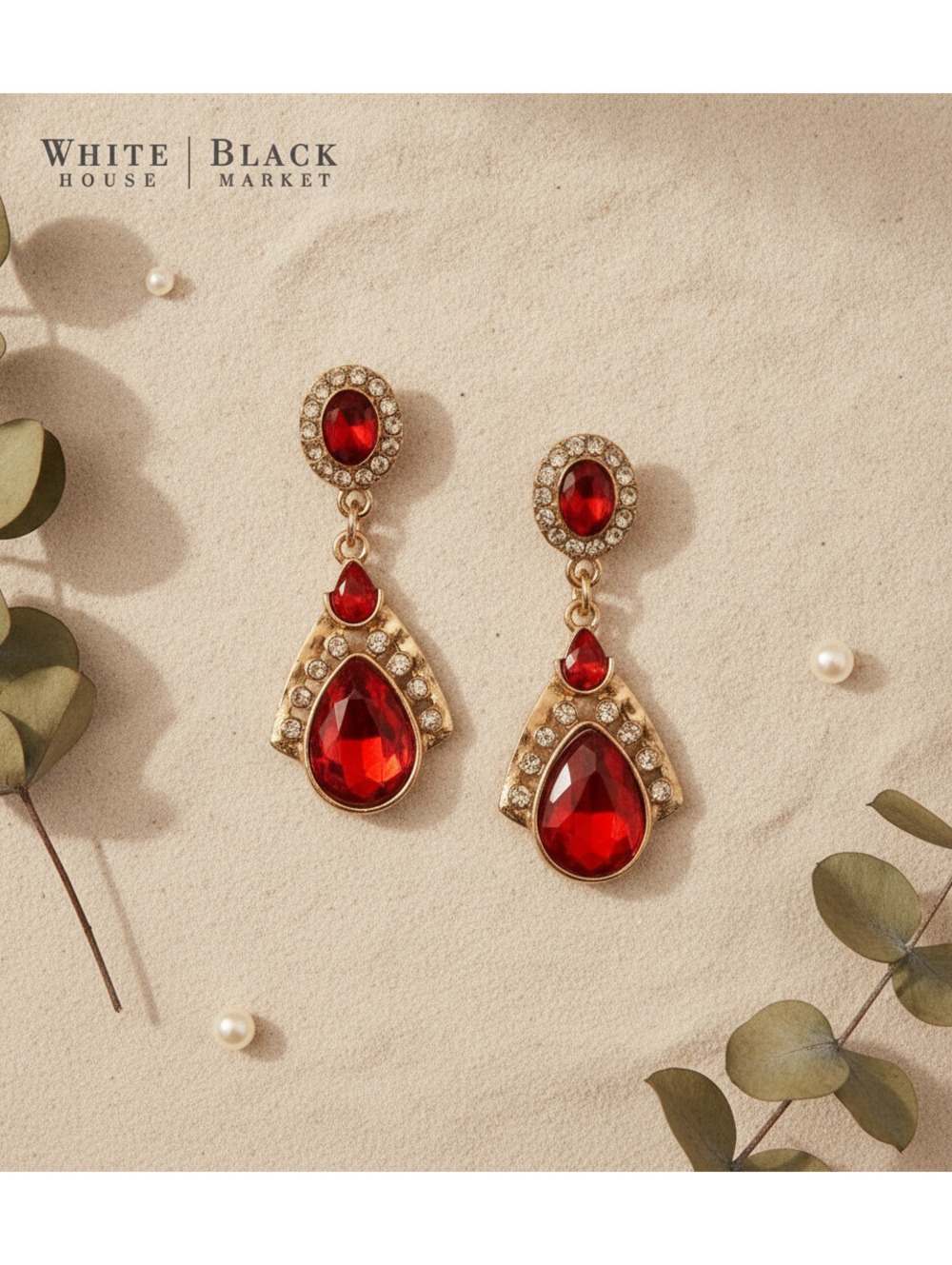 White House Black Market Gold-Tone Red Crystal Drop Earrings